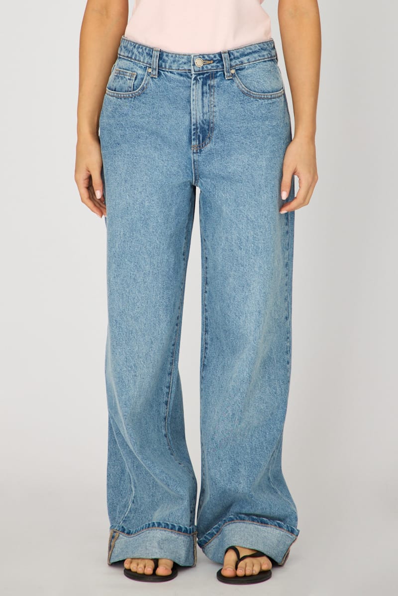Denim Wide Leg Jeans High Rise Rolled Up Hem for Ally Fashion