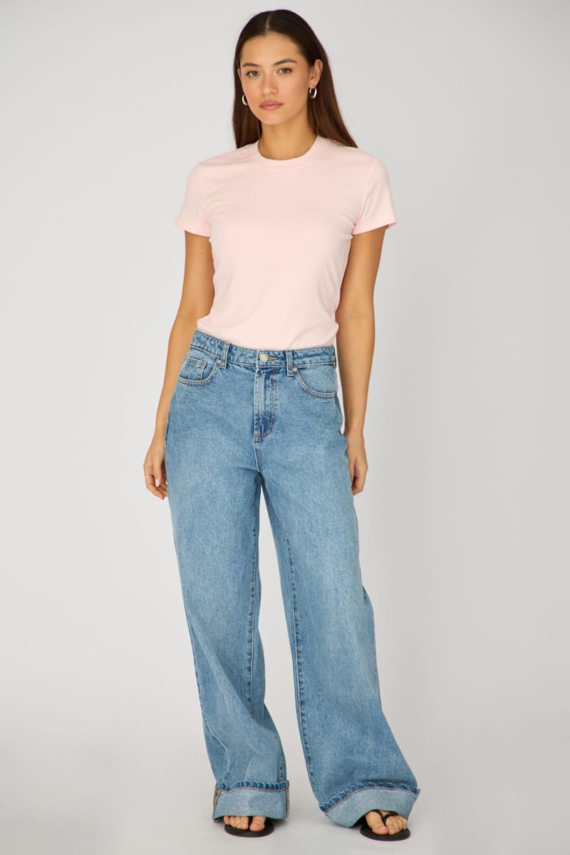 Denim Wide Leg Jeans High Rise Rolled Up Hem for Ally Fashion