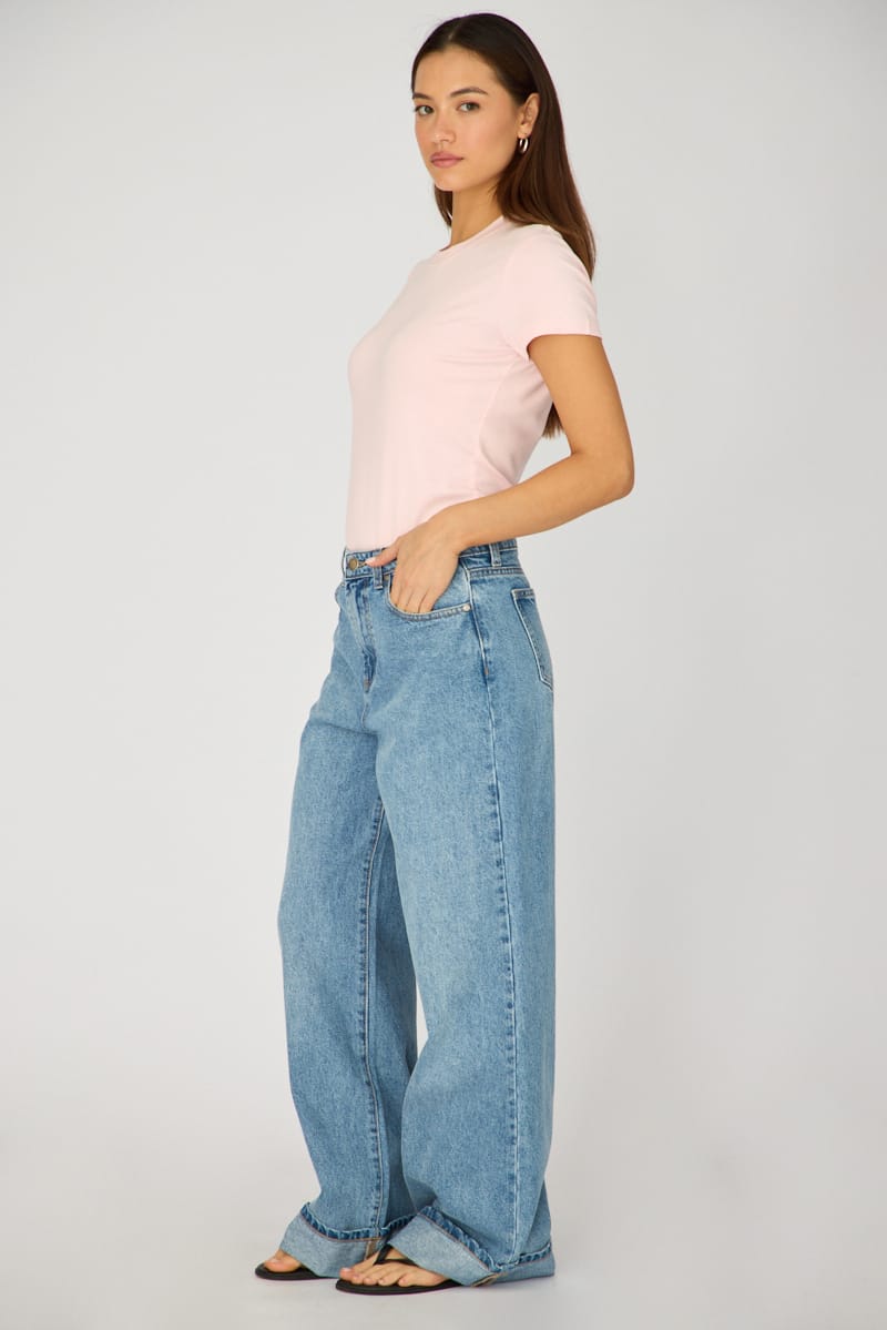 Denim Wide Leg Jeans High Rise Rolled Up Hem for Ally Fashion