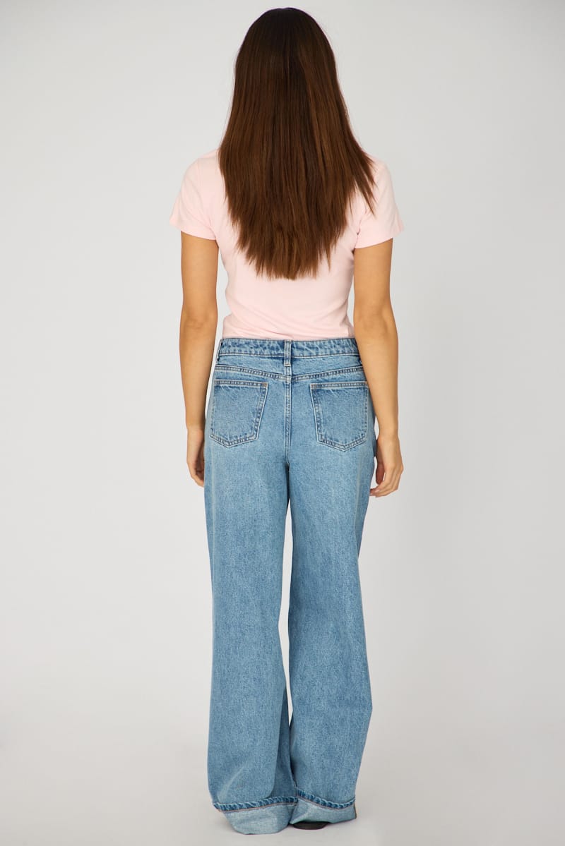 Denim Wide Leg Jeans High Rise Rolled Up Hem for Ally Fashion