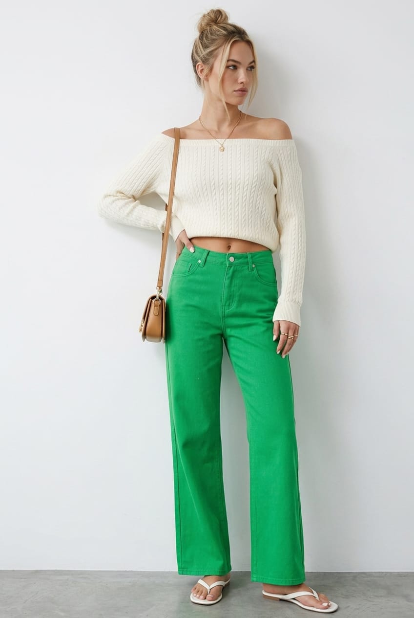 Green Denim Jeans High Rise Wide Leg