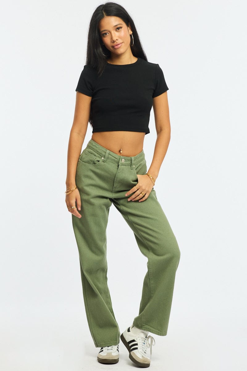 Green Wide Leg Jeans Mid Rise for Ally Fashion