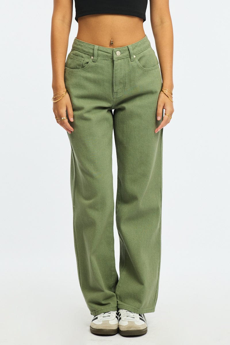 Green Wide Leg Jeans Mid Rise for Ally Fashion
