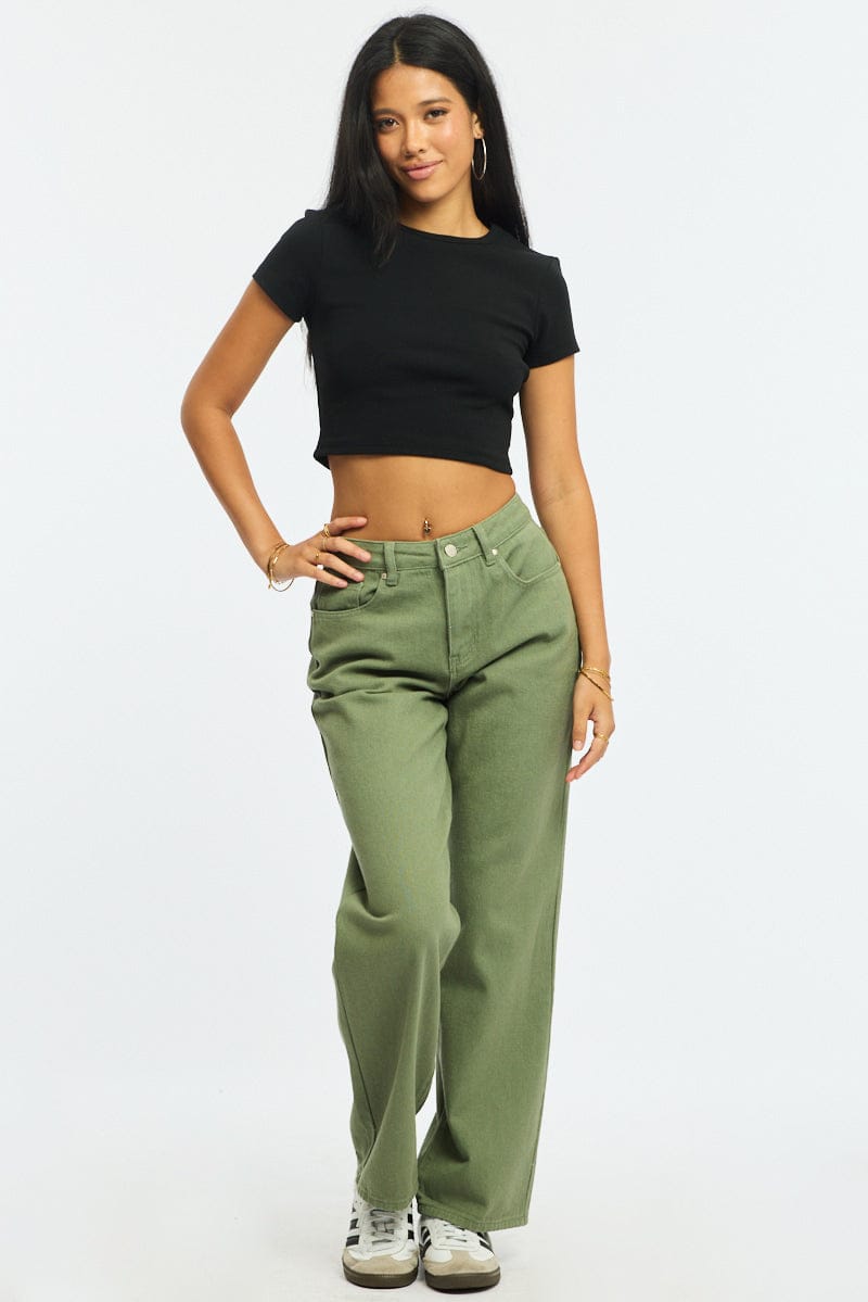 Green Wide Leg Jeans Mid Rise for Ally Fashion