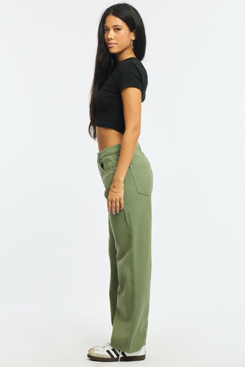 Green Wide Leg Jeans Mid Rise for Ally Fashion