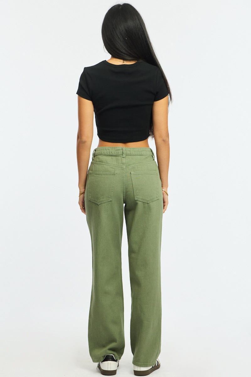 Green Wide Leg Jeans Mid Rise for Ally Fashion