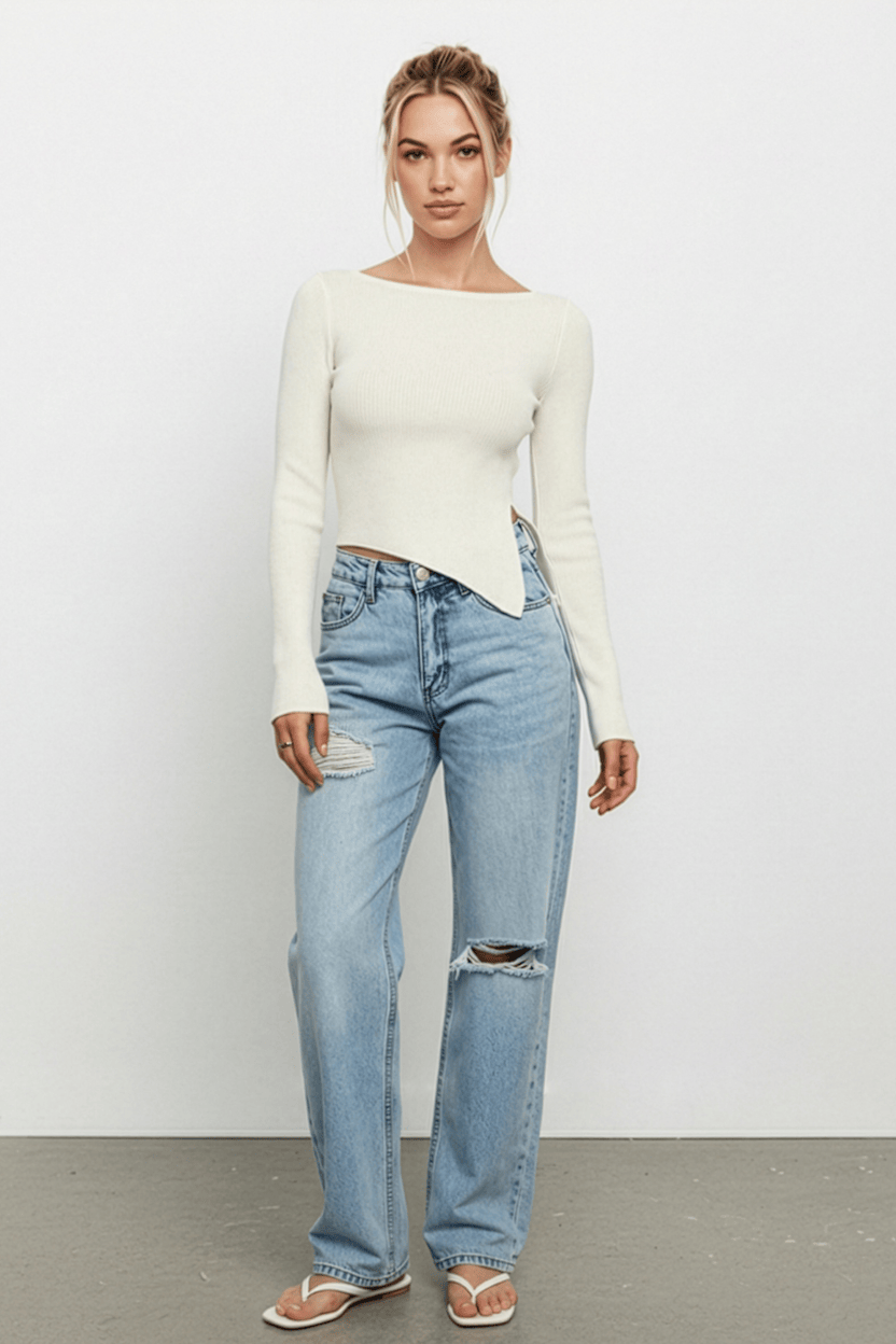 Denim Straight Jeans High Rise Knee Slit for Ally Fashion