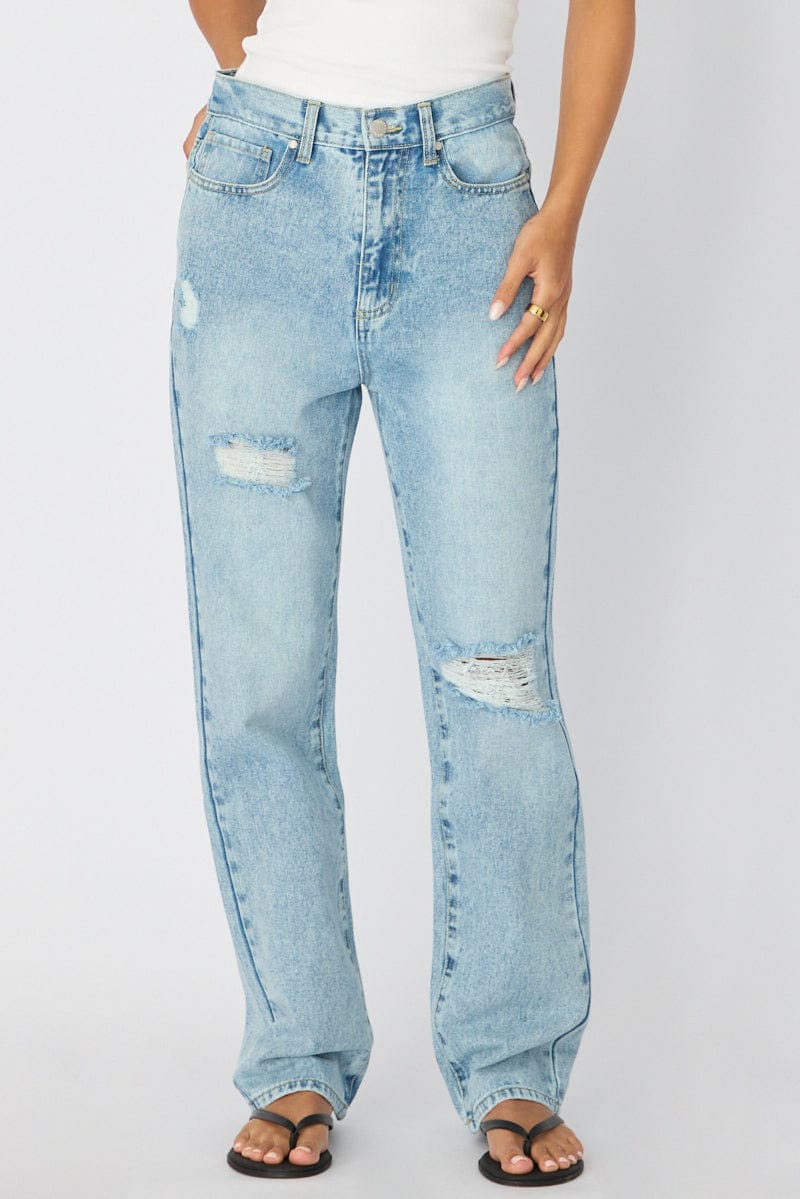 Denim Straight Jeans High Rise Knee Slit for Ally Fashion