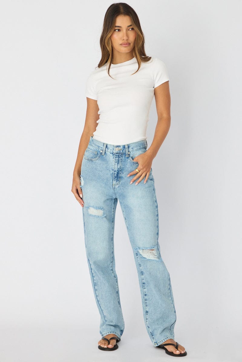Denim Straight Jeans High Rise Knee Slit for Ally Fashion
