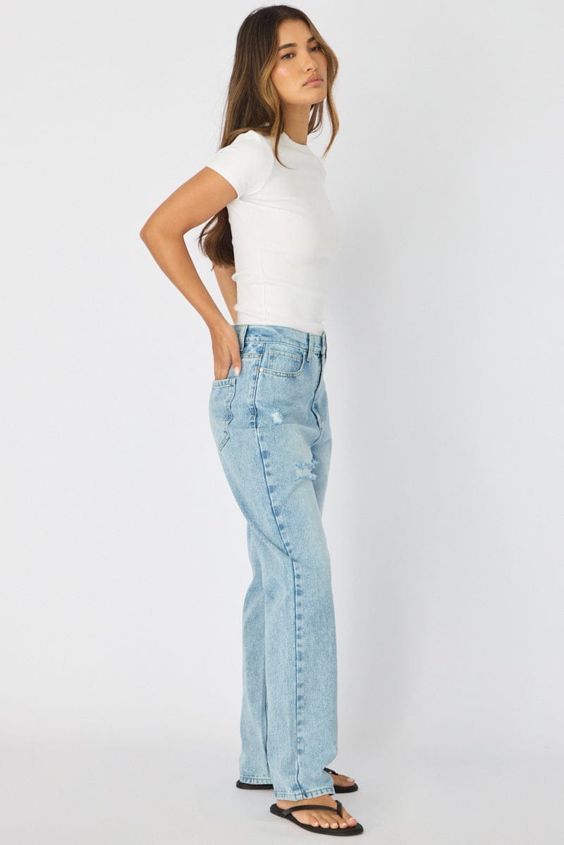 Denim Straight Jeans High Rise Knee Slit for Ally Fashion