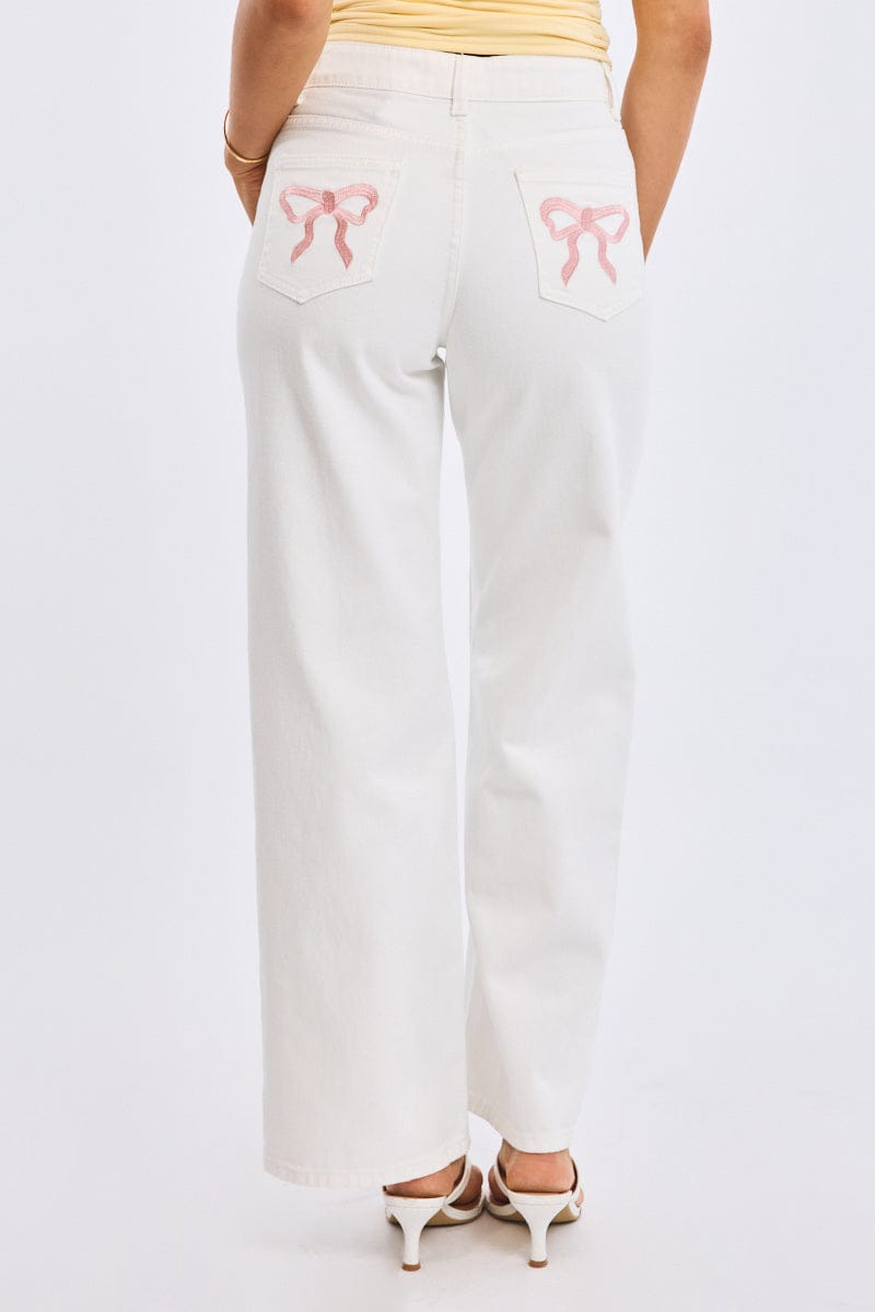 White Wide Leg Jeans Ribbon Pocket for Ally Fashion