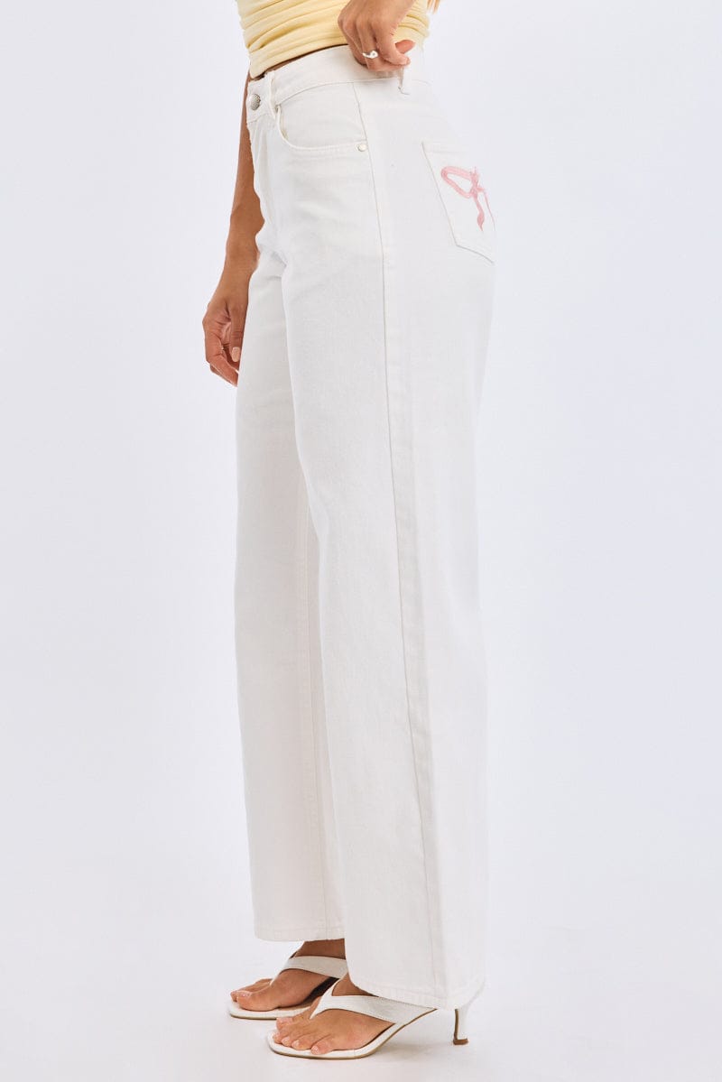 White Wide Leg Jeans Ribbon Pocket for Ally Fashion