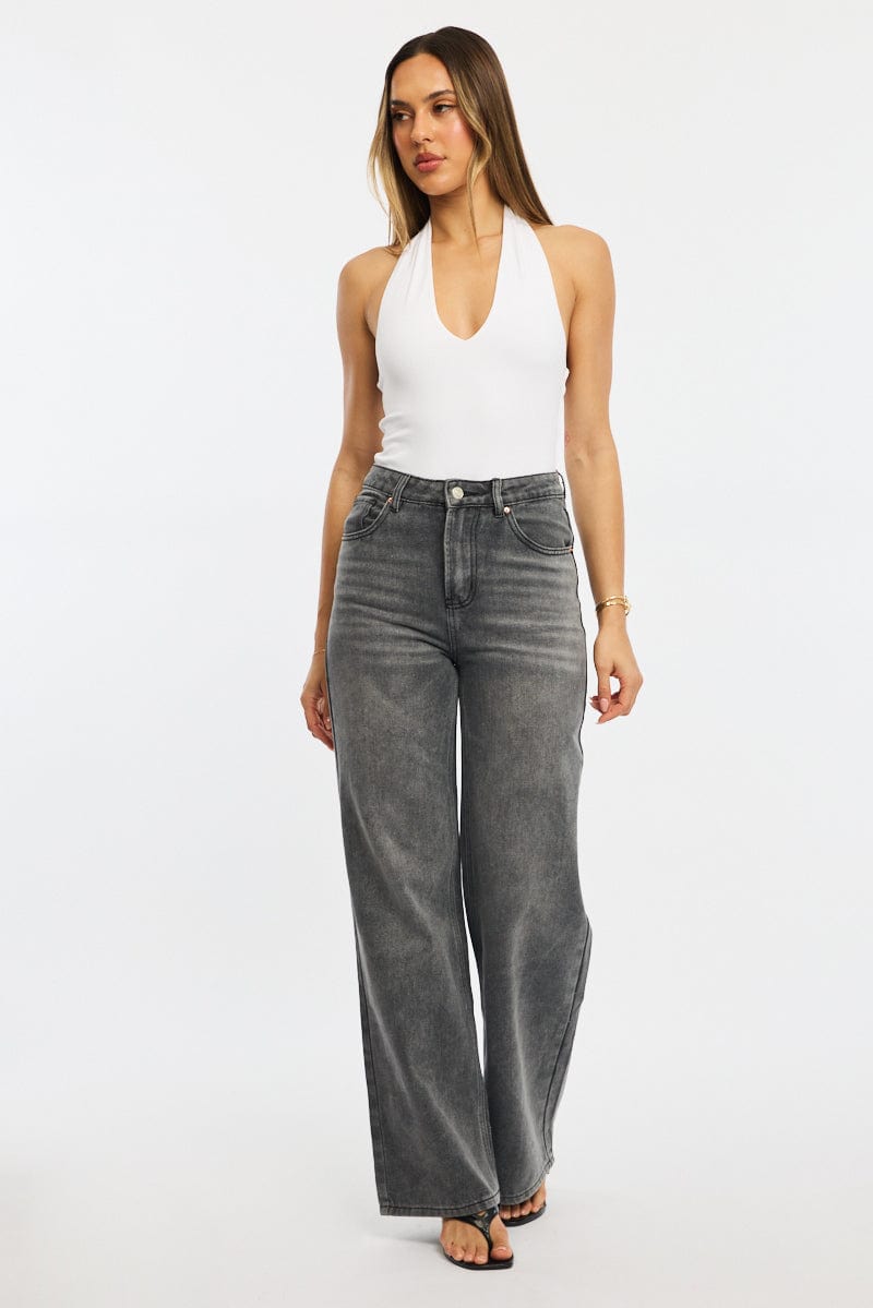 Grey Wide Leg Jeans High Rise for Ally Fashion