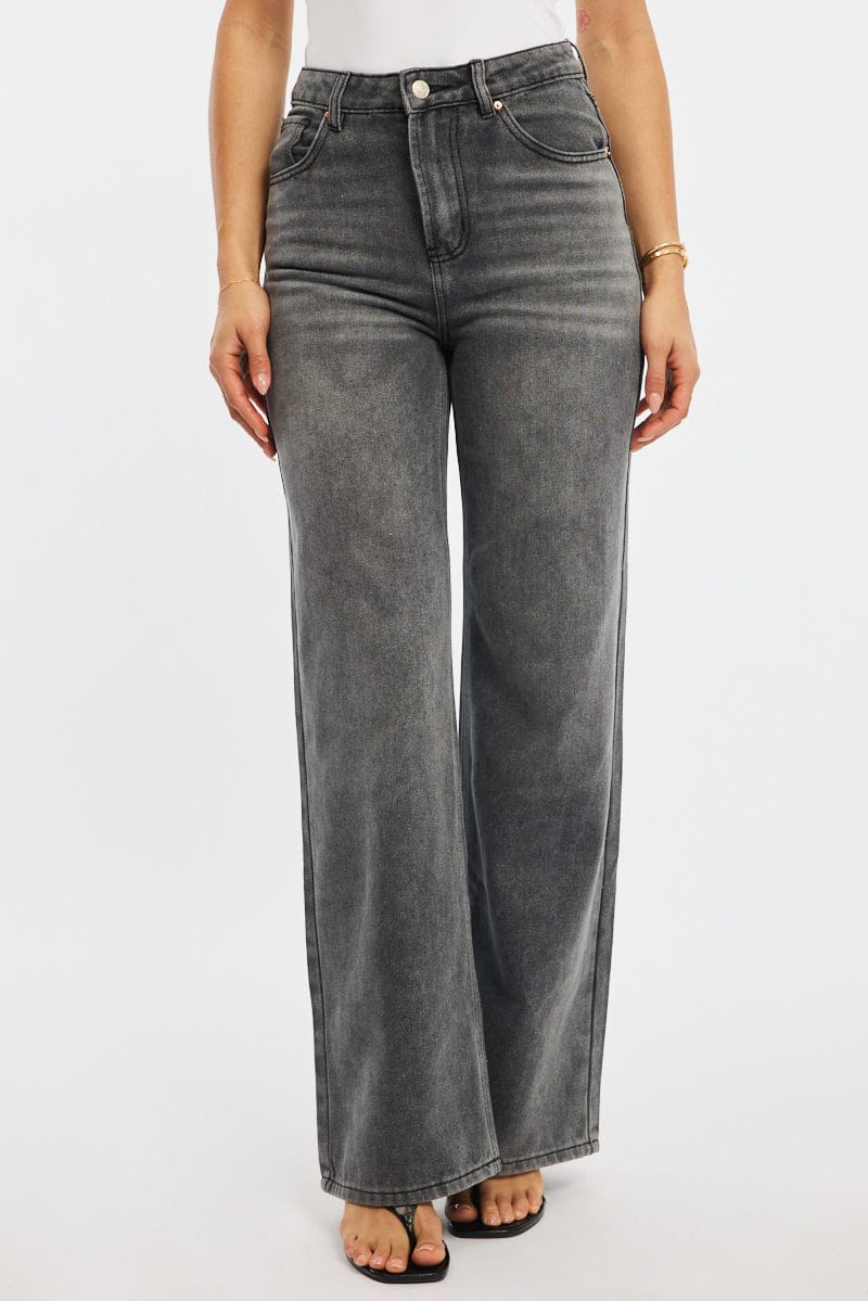Grey Wide Leg Jeans High Rise for Ally Fashion