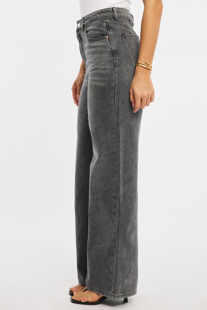 Grey Wide Leg Jeans High Rise for Ally Fashion