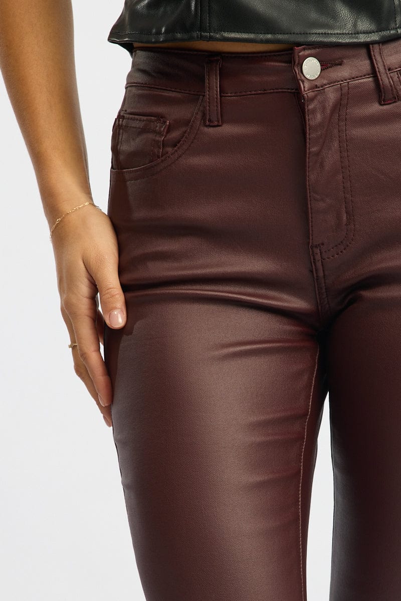 Red Flare Jeans High Rise Wet Look for Ally Fashion