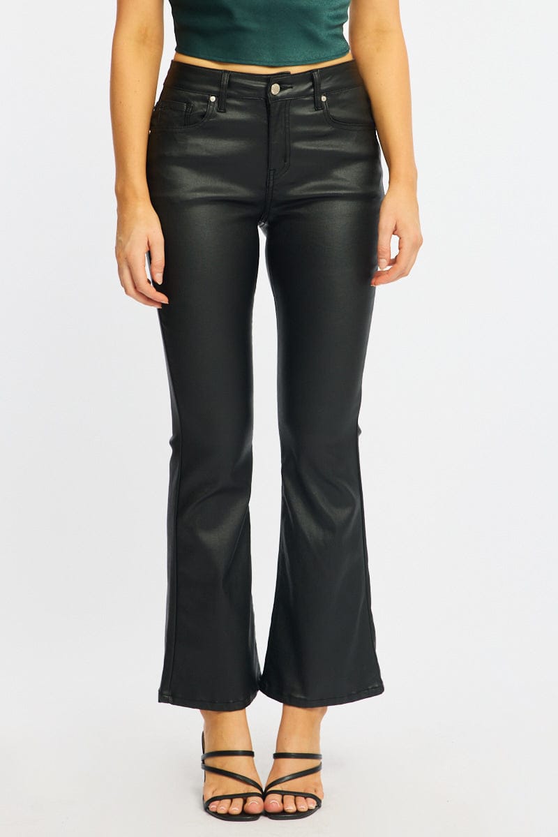 Black Flare Jeans High Rise Wet Look for Ally Fashion
