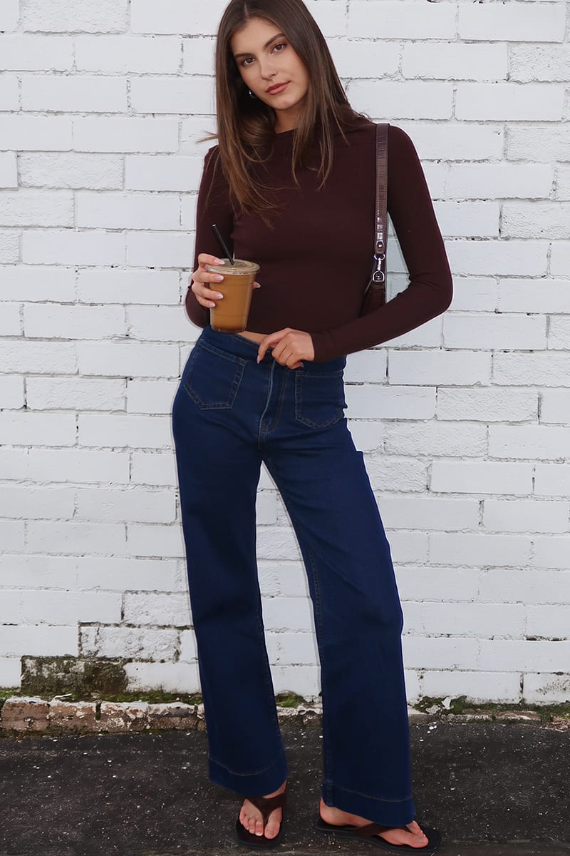 Denim Patch Pocket Wide Leg Jean High Rise for Ally Fashion