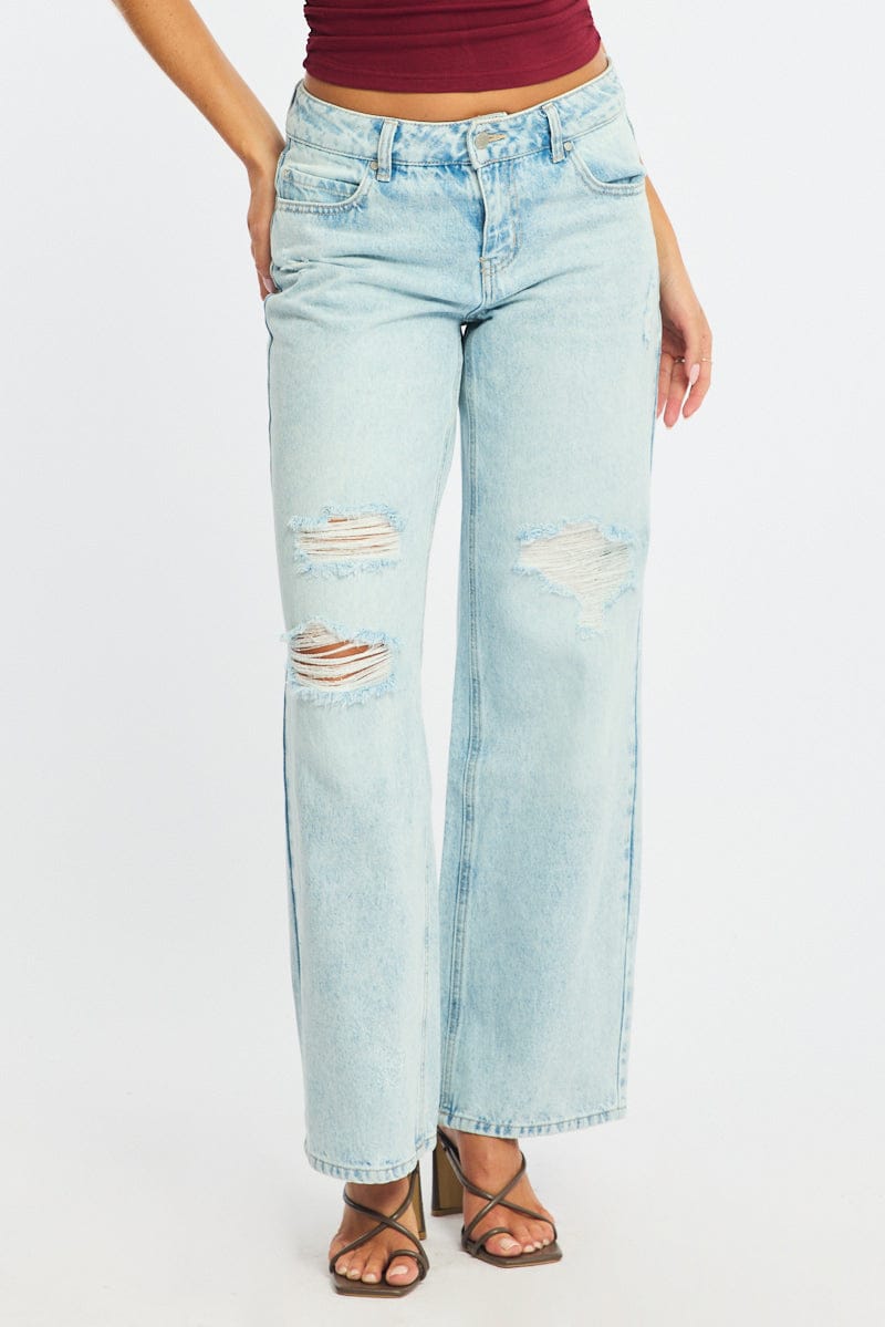 Denim Straight Jeans Mid Rise Distressed for Ally Fashion