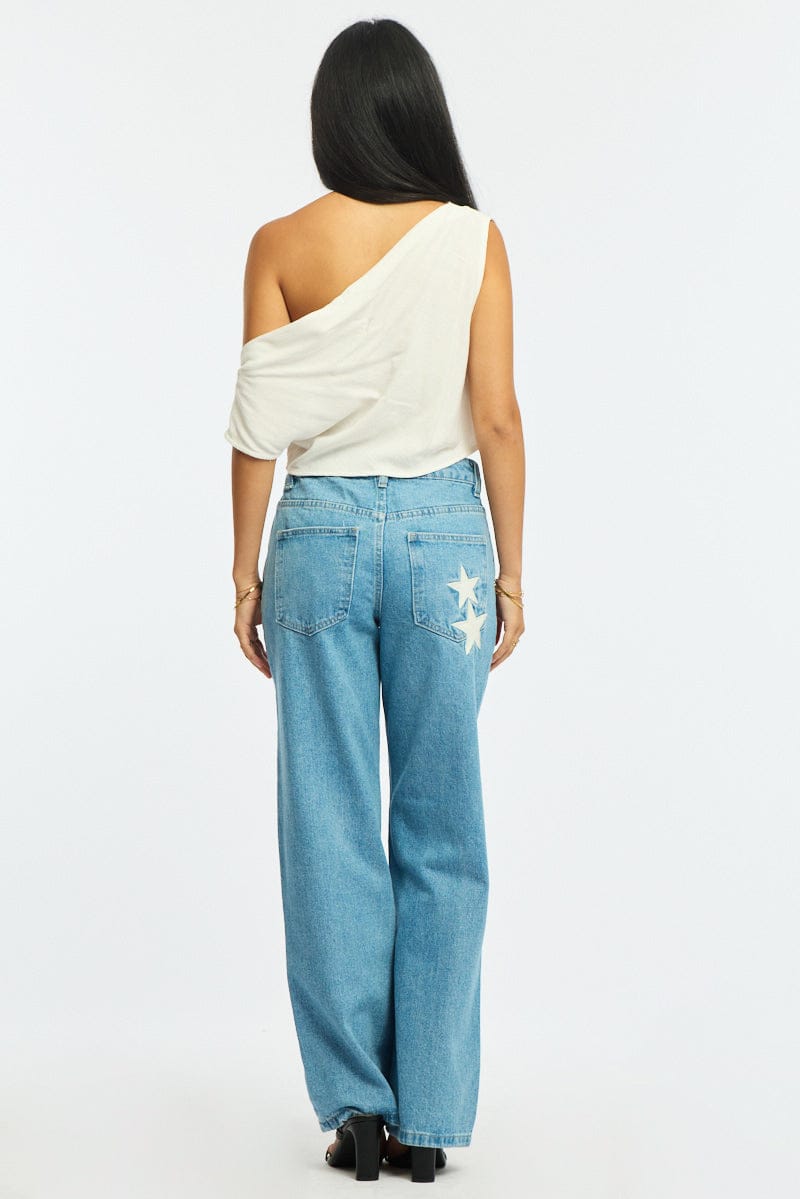 Denim Wide Leg Jeans Star Patch for Ally Fashion