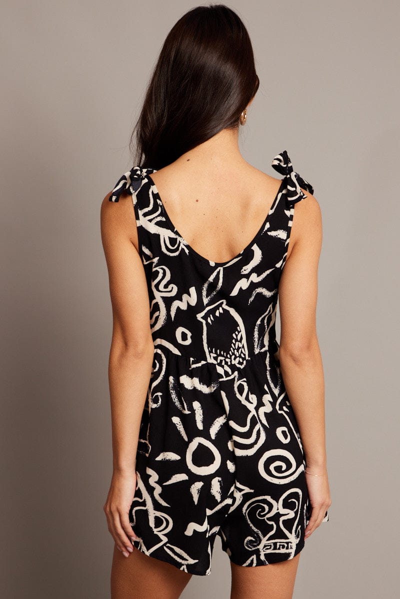 Black Abstract Playsuit Sleeveless Tie Shoulder for Ally Fashion