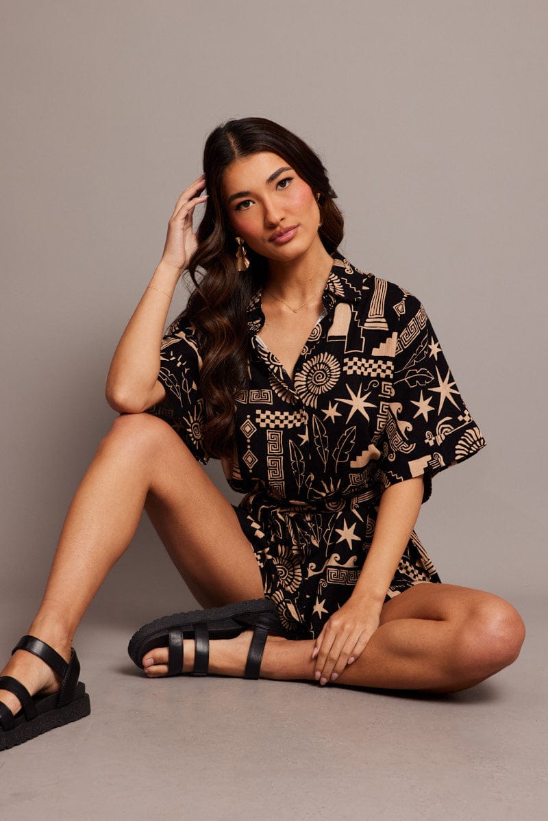 Black Abstract Oversized Playsuit for Ally Fashion