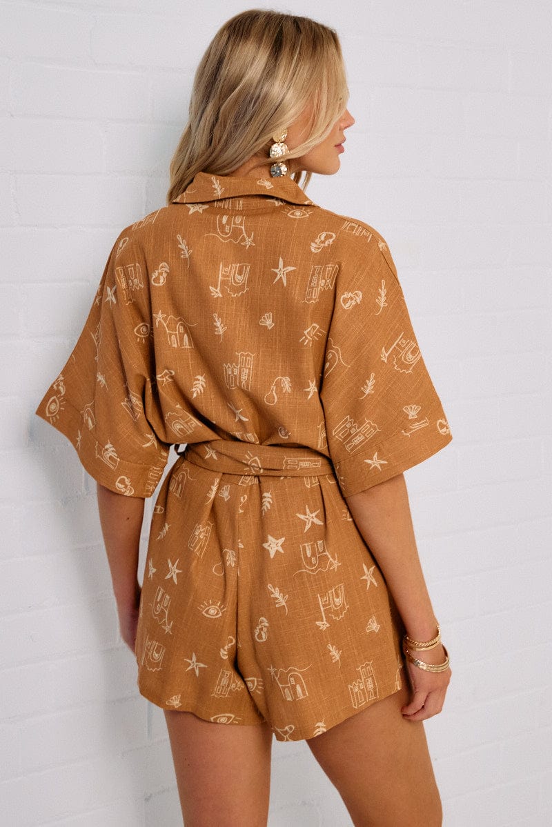 Brown Abstract Oversized Playsuit for Ally Fashion