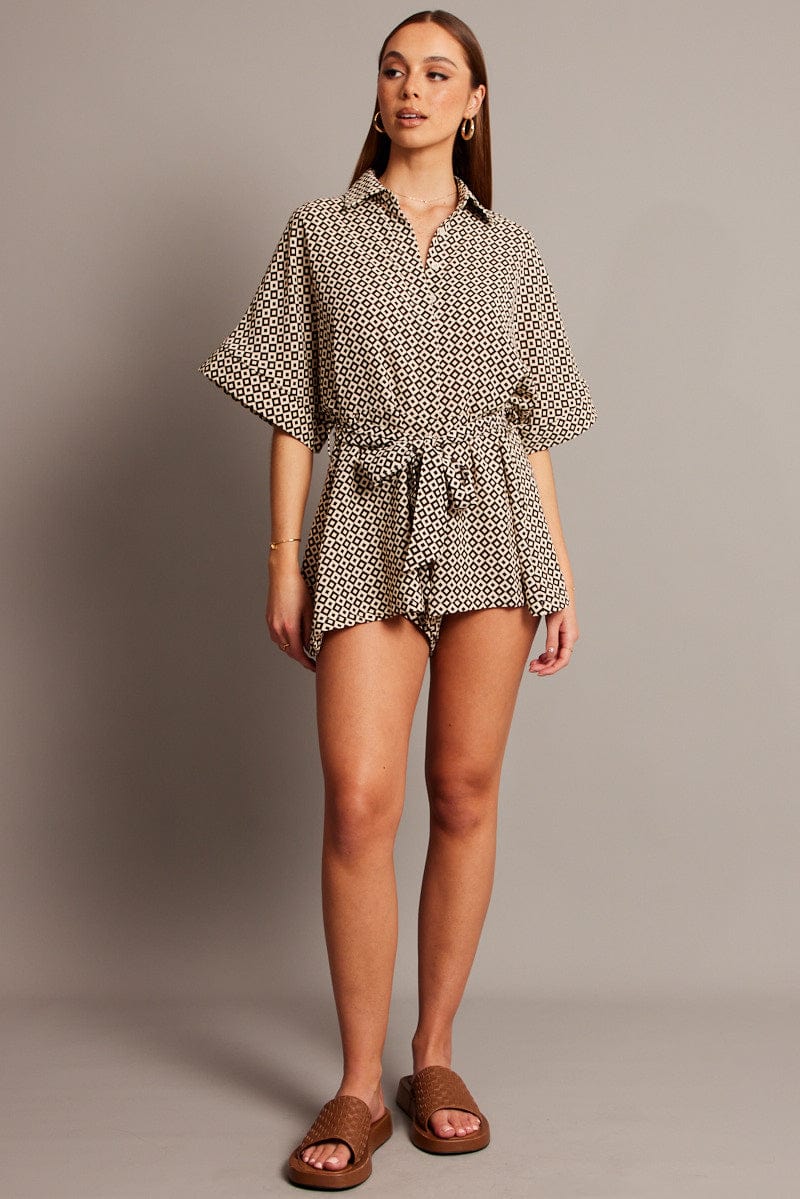 Brown Geo Oversized Playsuit for Ally Fashion