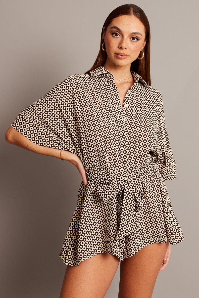 Brown Geo Oversized Playsuit for Ally Fashion