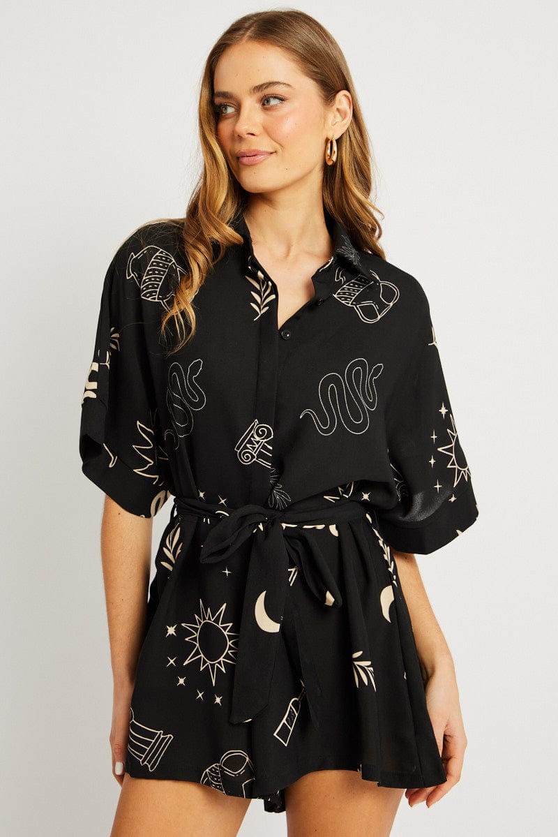 Black Abstract Oversized Playsuit for Ally Fashion