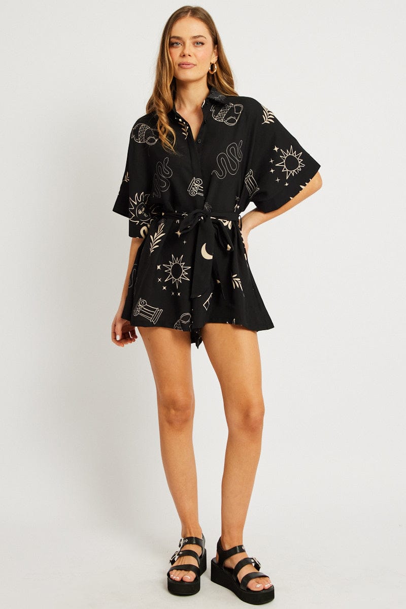 Black Abstract Oversized Playsuit for Ally Fashion