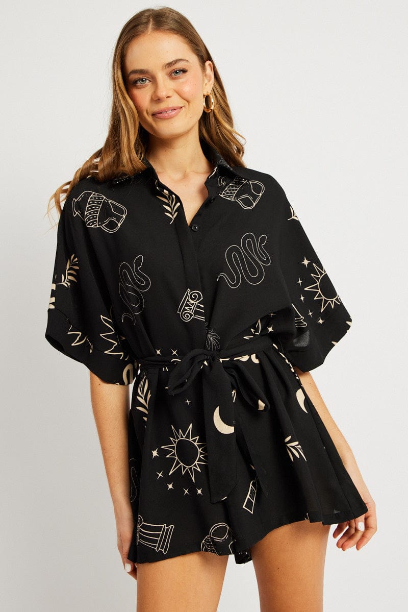 Black Abstract Oversized Playsuit for Ally Fashion