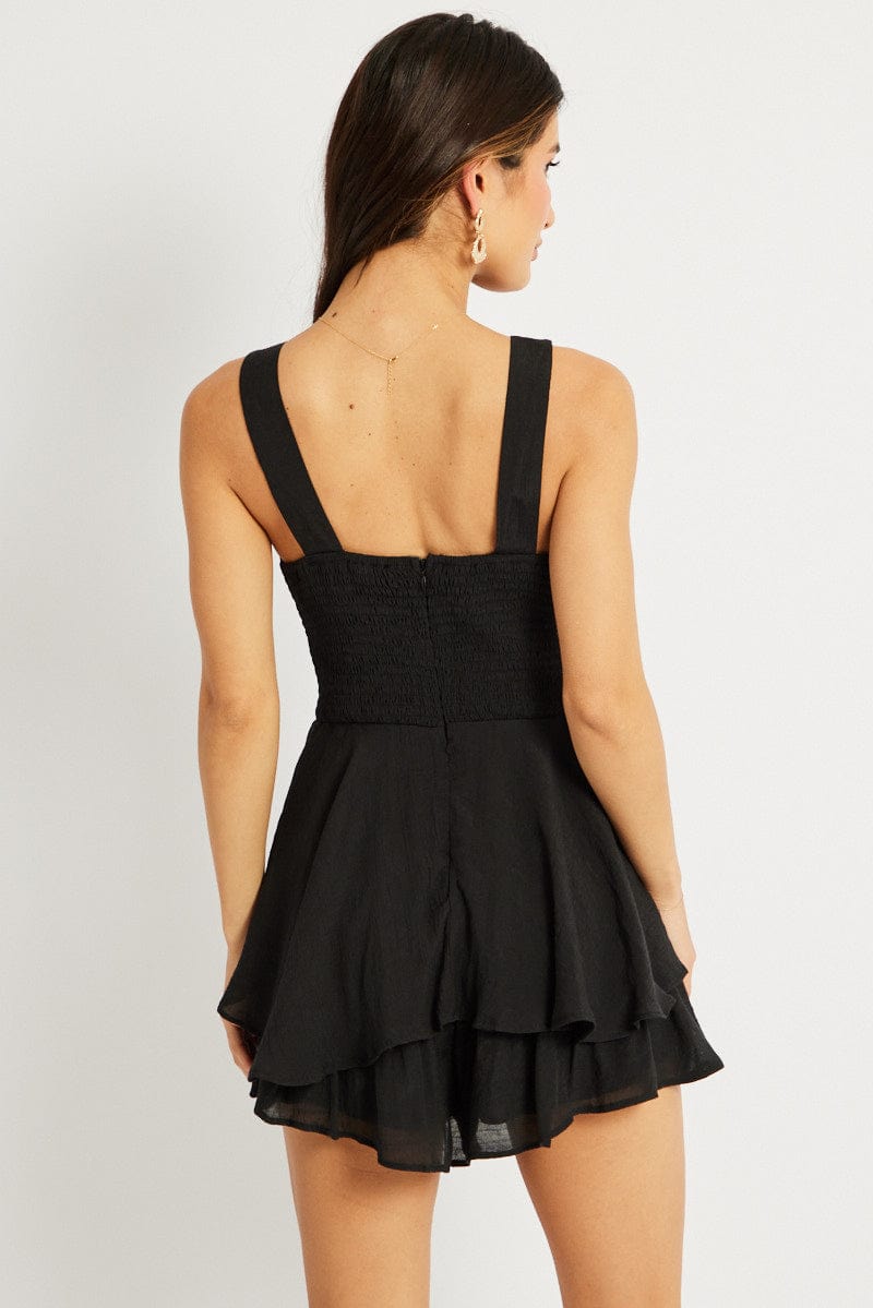 Black Ruffle Playsuit V-Neck for Ally Fashion