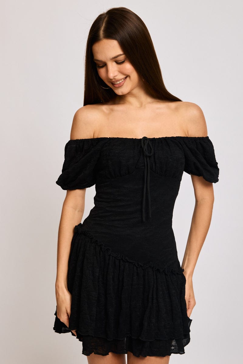 Black Playsuit Puff Sleeve Lace Fabric for Ally Fashion