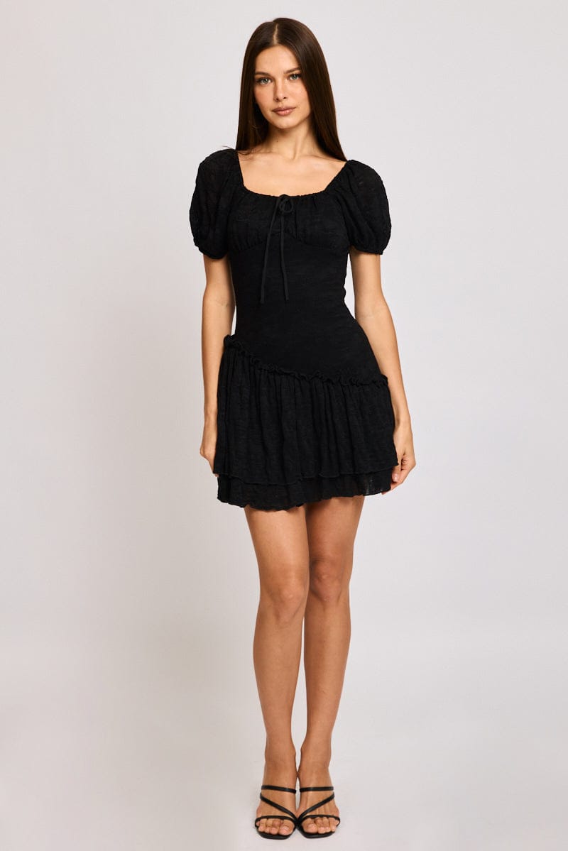 Black Playsuit Puff Sleeve Lace Fabric for Ally Fashion