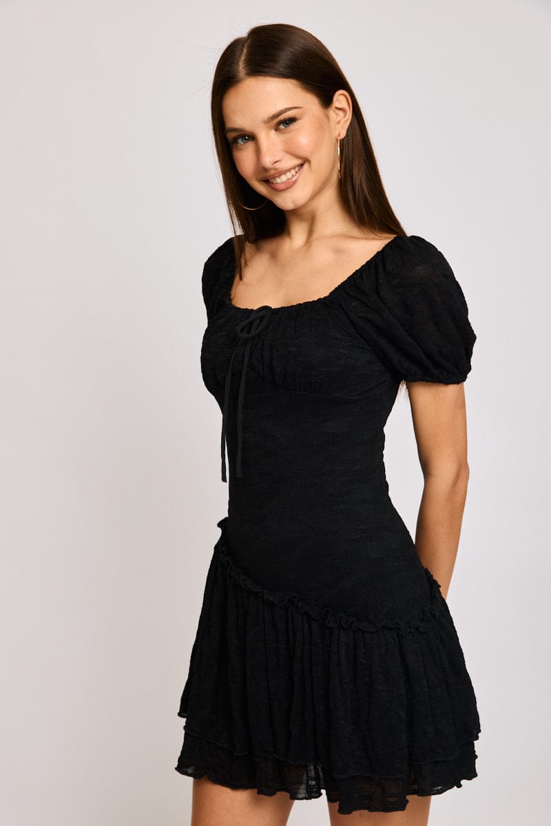 Black Playsuit Puff Sleeve Lace Fabric for Ally Fashion