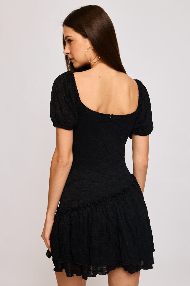 Black Playsuit Puff Sleeve Lace Fabric for Ally Fashion