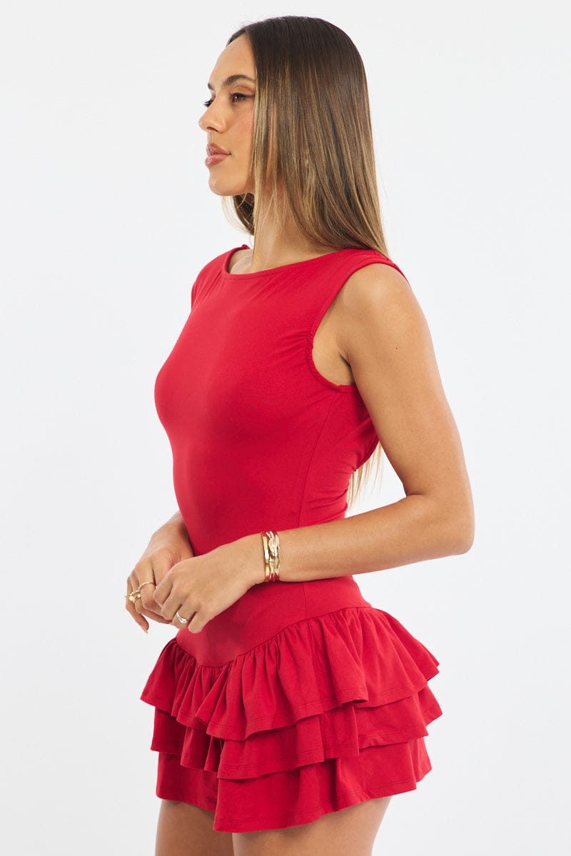 Red Playsuit Frilled Hem for Ally Fashion