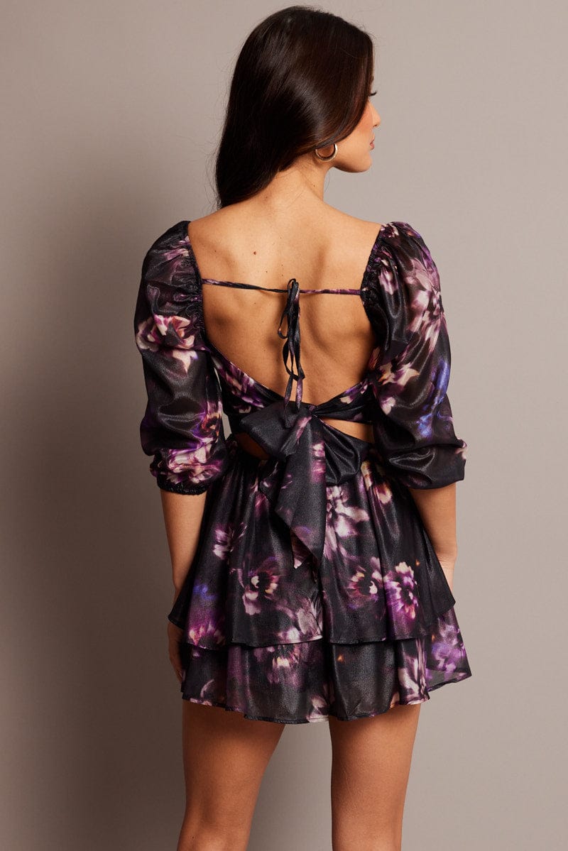 Purple Floral Playsuit Twisted Front for Ally Fashion