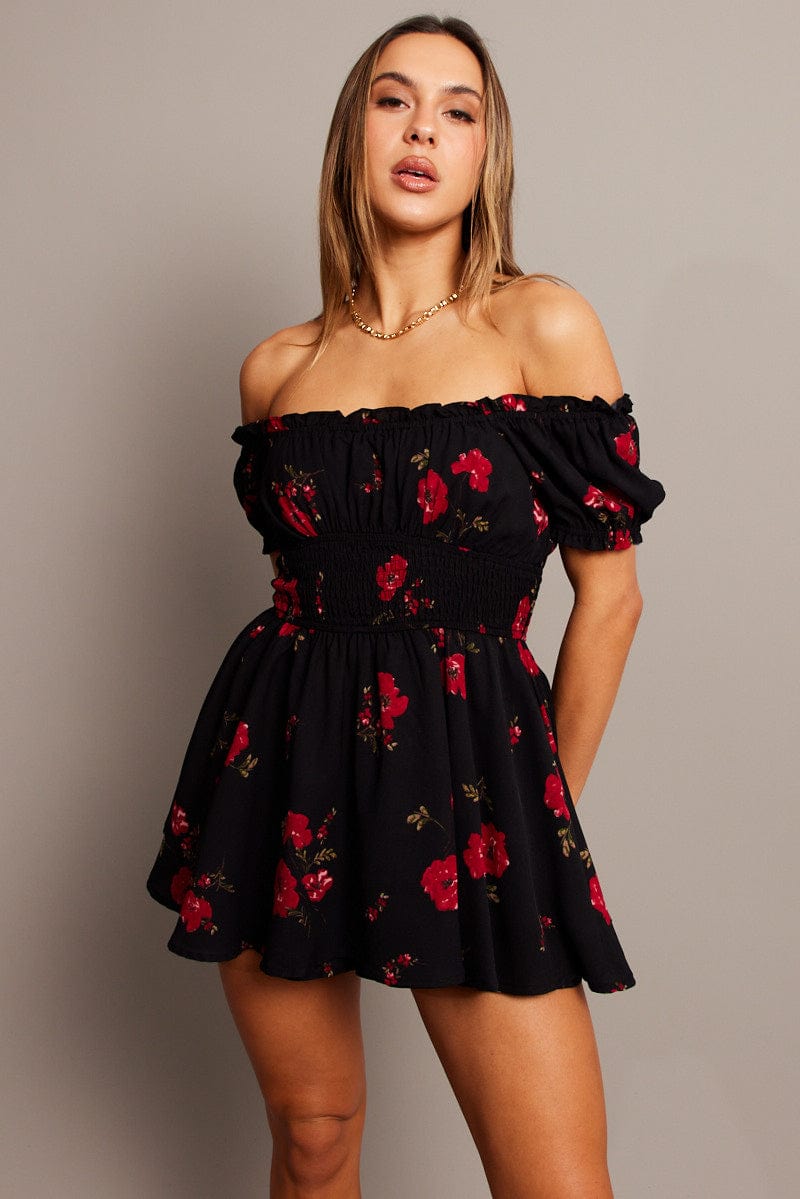 Black Floral Ruffle Playsuit Short Sleeve for Ally Fashion