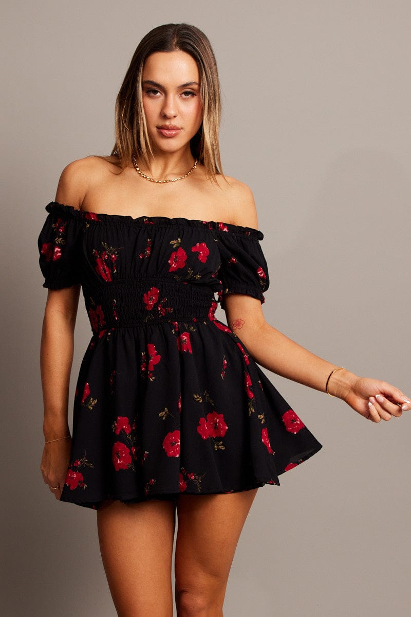 Black Floral Ruffle Playsuit Short Sleeve for Ally Fashion