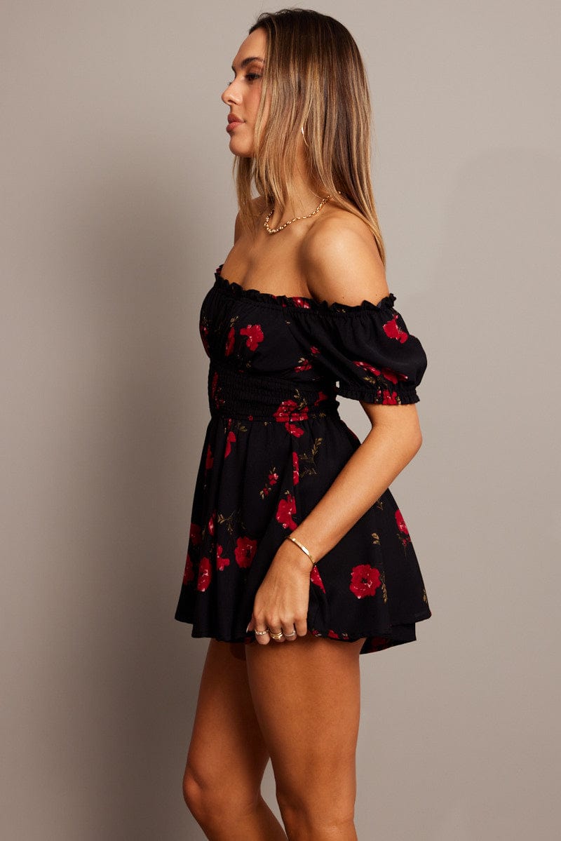 Black Floral Ruffle Playsuit Short Sleeve for Ally Fashion