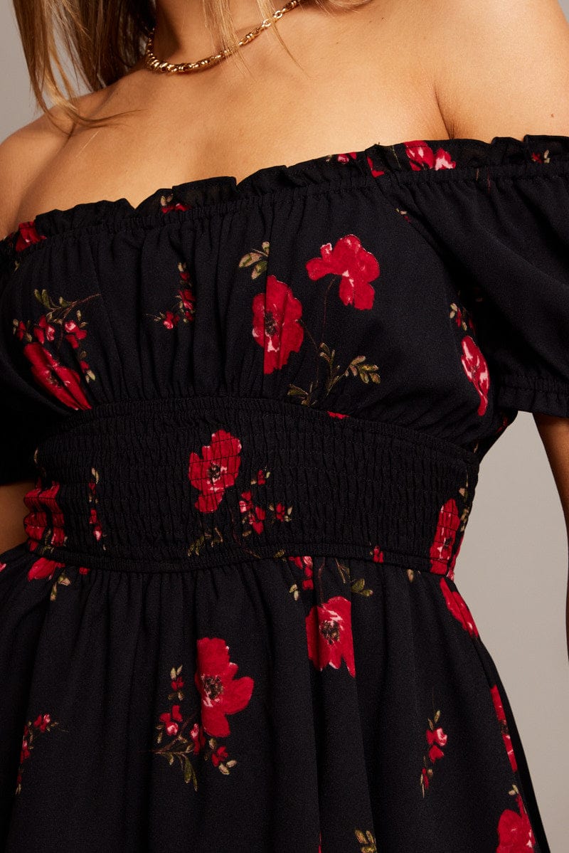 Black Floral Ruffle Playsuit Short Sleeve for Ally Fashion