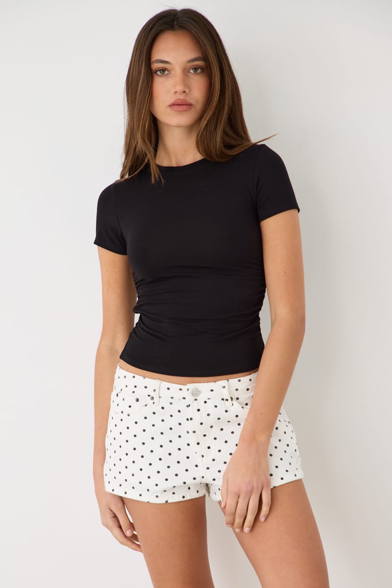Denim Polka Dot Mini Shorts Mid Rise Relaxed Fit for Ally Fashion