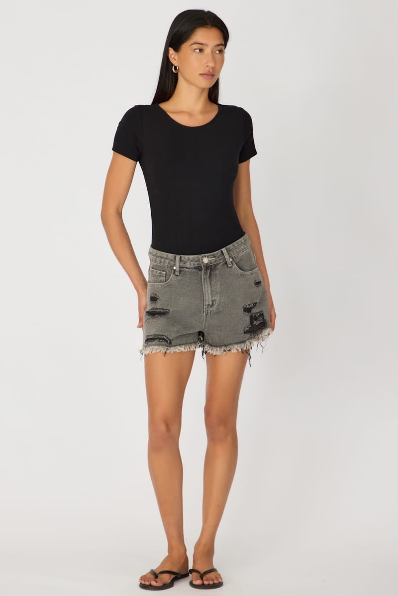 Grey Relaxed Shorts Mid Rise Distressed Detail for Ally Fashion