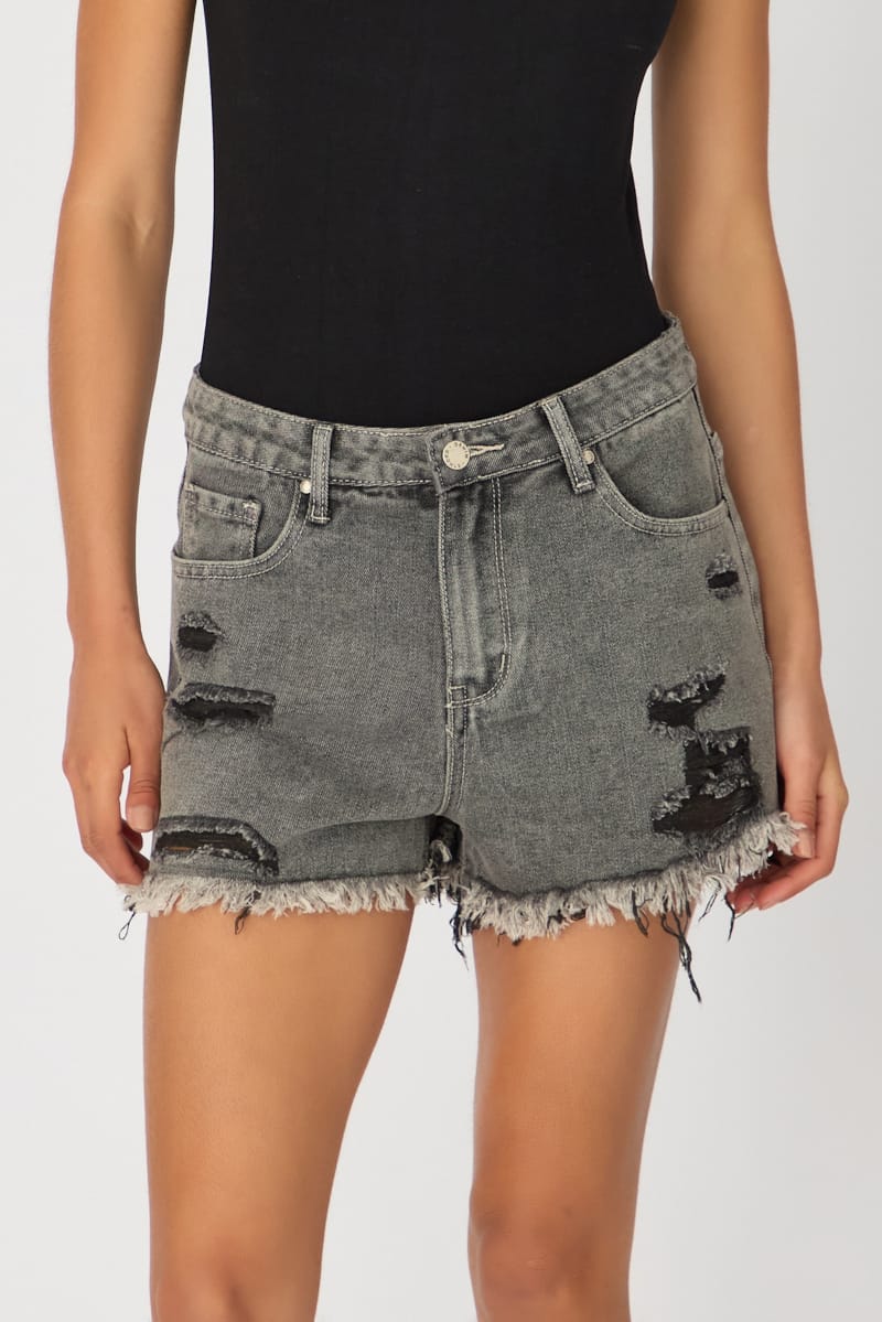 Grey Relaxed Shorts Mid Rise Distressed Detail for Ally Fashion