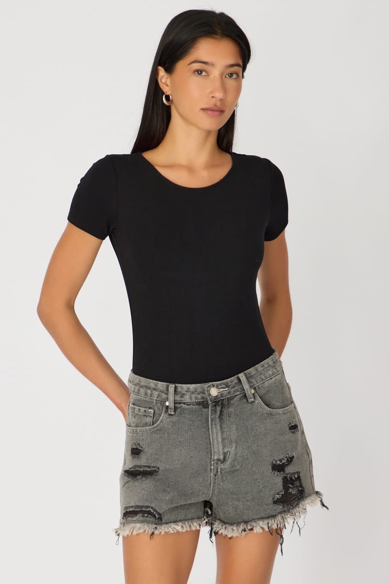 Grey Relaxed Shorts Mid Rise Distressed Detail for Ally Fashion