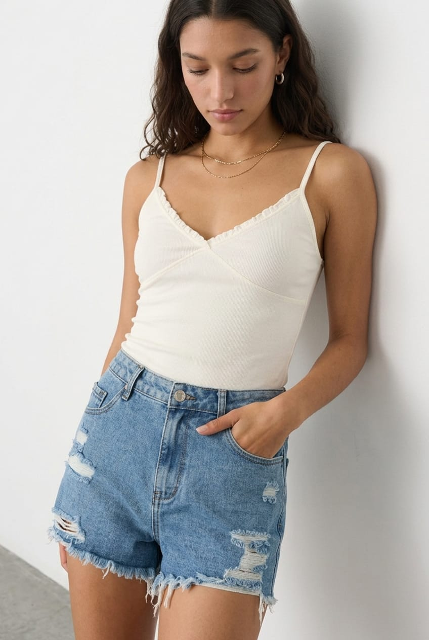 Denim Relaxed Shorts Mid Rise Distressed Detail for Ally Fashion