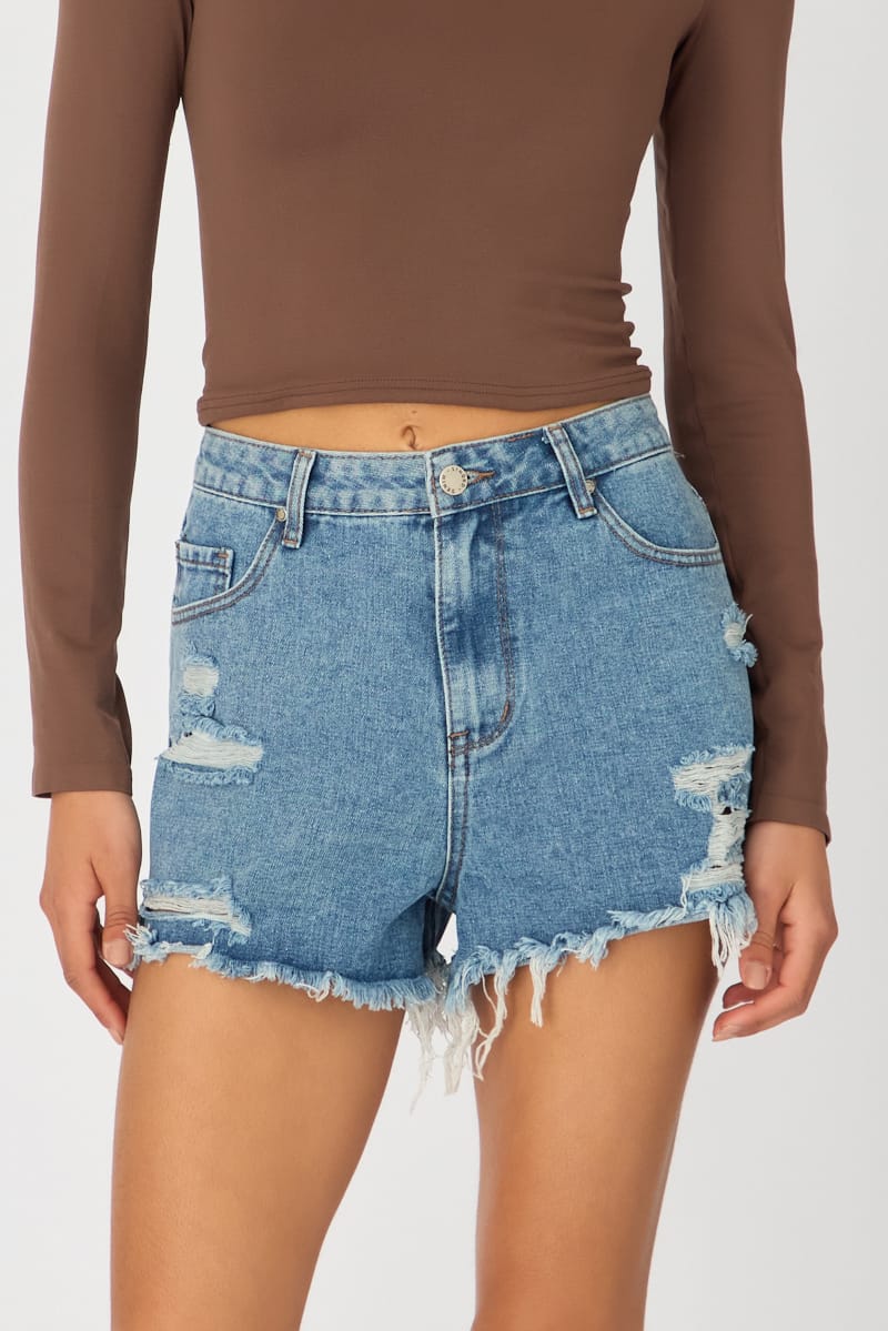 Denim Relaxed Shorts Mid Rise Distressed Detail for Ally Fashion