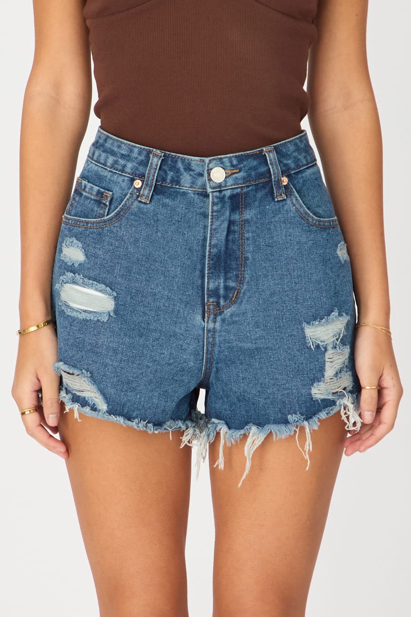 Denim Relaxed Shorts Mid Rise Distressed Detail for Ally Fashion